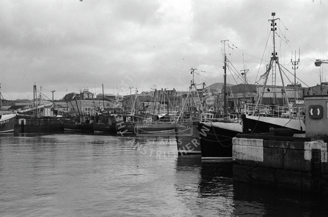 Boats in harbour, possibly Buckie, 1985.