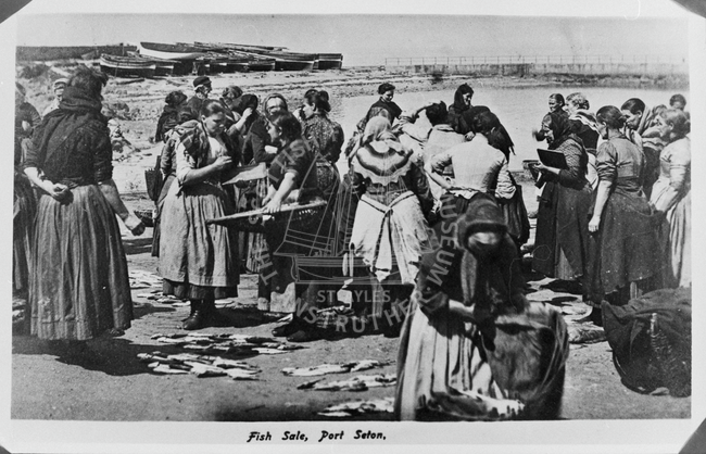 Postcard entitled 'Fish Sale, Port Seton'.