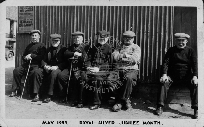 Group portrait of five men, Cellardyke, May 1935.
