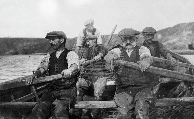 Five men rowing a salmon coble, South Esk