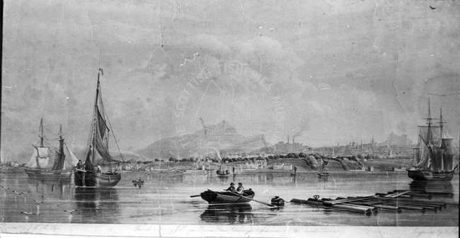 Illustration of boats in river looking towards