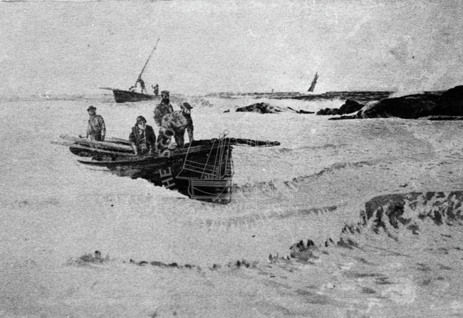 Drawing of fishermen in boat.
