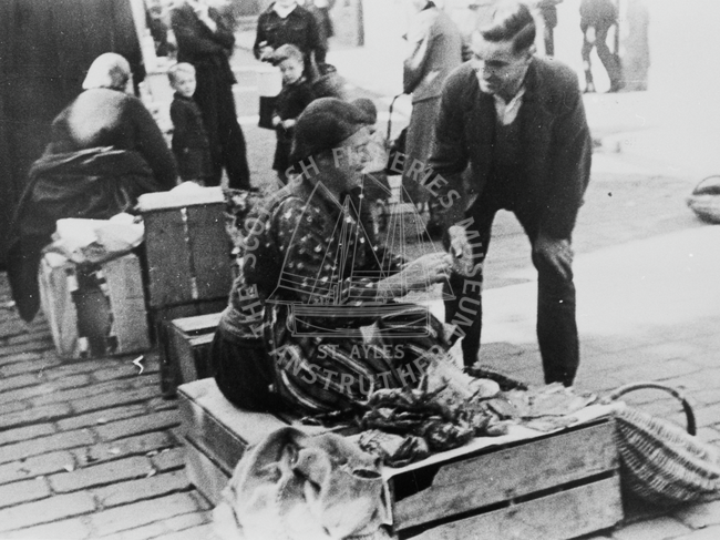 Arbroath fishwives selling produce, Dundee, 1937