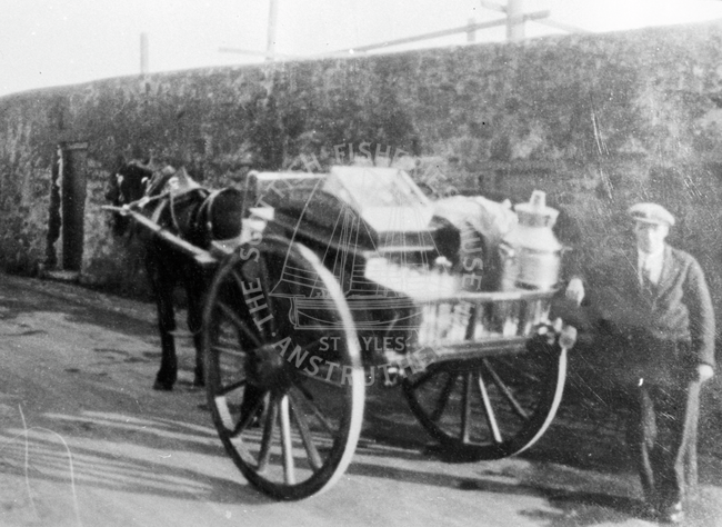 Jimmy Dunbar, milkman, and horse drawn milk Cart